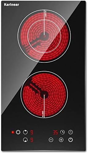Karinear 2 Burner Electric Cooktop 12 Inch, Drop-in Electric Radiant Cooktop 220v - 240v with Child Safety Lock, Timer, Residual Heat Indicator, 3200W, Hard Wired, No Plug Electric Stove Top