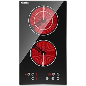 Karinear 2 Burner Electric Cooktop 12 Inch, Drop-in Electric Radiant Cooktop 220v – 240v with Child Safety Lock, Timer, Residual Heat Indicator, 3200W, Hard Wired, No Plug Electric Stove Top