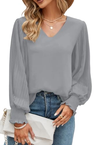 Image of Odosalii Womens Business Casual Outfits Long Sleeve Chiffon Plain Tops Grey