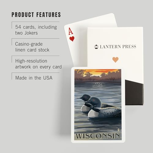 Lantern Press Wisconsin, Loons at Sunset, 52 naipes póker miniatura 3