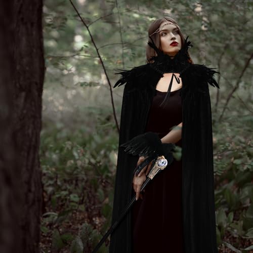 Toulite 3 Pcs Women Halloween Evil Black Style Queen Costume Witch Crow Gothic Feather Cape Cosplay Party Props