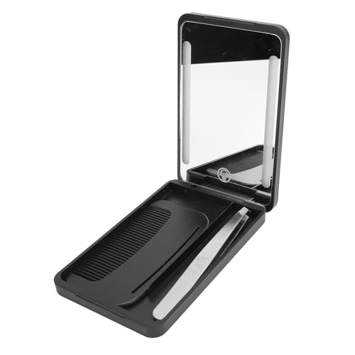 Yechiry LED Lighted Pocket Mirror, Rechargeable Compact Makeup Mirrorwith Travel Comb, Metal Eyebrow Tweezer & Smart Fill Light for Travel (Black)