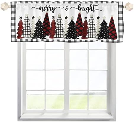 HawSkgFub Christmas Tree Merry Bright Kitchen Curtain Valance 54x18, Xmas Holiday Buffalo Check Plaid Short Topper Curtains Window Treatment Rod Pocket, Winter Farmhouse Home Living Room Bedroom Decor