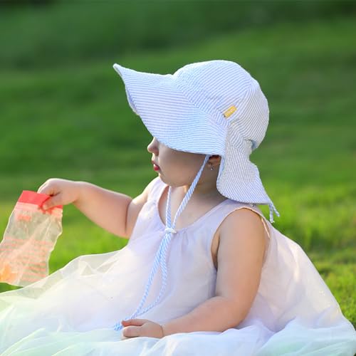 Image of Baby & Toddler Wide Brim Sun Hats UPF 50+ Sun Protection Bucket Cap Cute Adjustable Hat in Seersucker