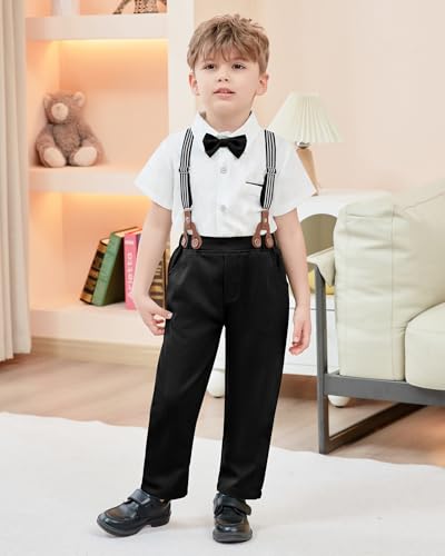 SANMIO Toddler Baby Boy Clothes Suit Gentleman Wedding Outfits, Formal Dress Shirt with Bowtie + Suspender Pants 1-5 Years2