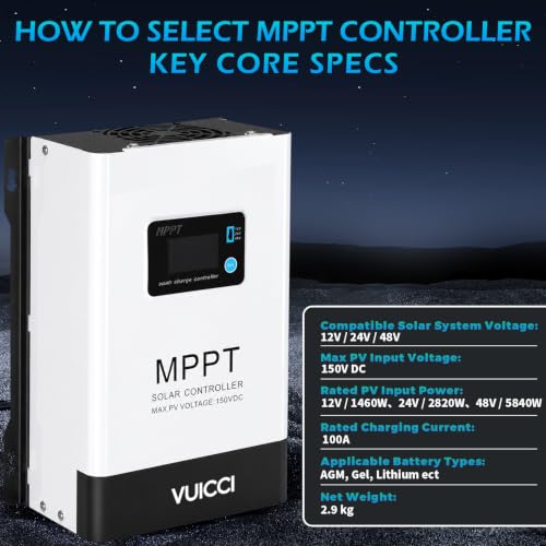 Image of 100A MPPT Solar Charge Controller 12V /24V /48V, Solar Panel Charge Controller with 145V Max PV Input, LCD Display for Lithium, AGM, Gel & Lead Acid Batteries, RV, Boat, Off Grid