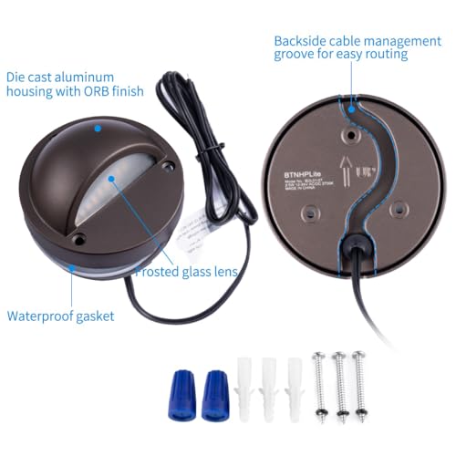 BTNHPLite LED Low Voltage Deck Lights 3.74 Inch Landscape Lighting Fence Lights 2700K 180LM 12-24V AC/DC Aluminum Oil Rubbed Bronze Outdoor Step Light 2.5W IP65 with Wire Nuts 4FT Corded, 12 Pack by BTNHPLite - Image 4