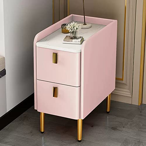 Table de chevet étroite rose avec 2 tiroirs de rangement en cuir PU - 4