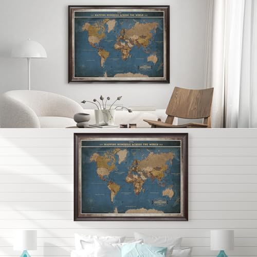 Image of DECORARTS - Oversized Personalized World Travel Map with Pins, Custom Name, Pin Board Canvas Wall Art, Navy Blue World Decor, Optional Wood Frame, Giclee Print, Handcrafted in USA, 40x30''