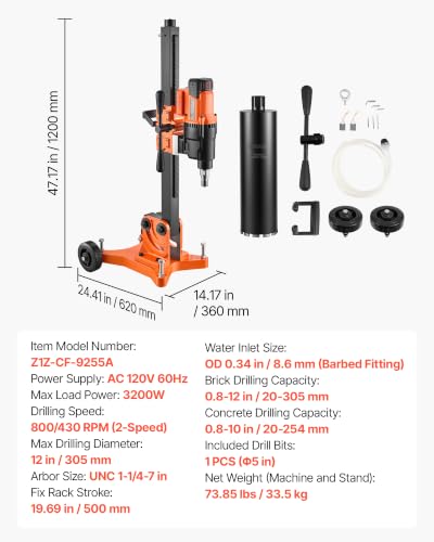 Image of VEVOR Diamond Core Drilling Machine Dry and Wet 0.8 inch-12 inch Drilling Capacity | 5-inch Wet Drill Bit, Tiltable Stand & Wheeled Base, 3200W 2-Speed 800RPM /430RPM, UNC1 1 /4-7 Thread for Concrete Brick Stone