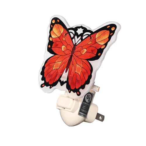 Image of Butterfly Night Light Plug into Wall Orange and Red Bulb Included Manual On /Off Switch Stained Glass Styled Made with Real Glass Hallway Bathroom Gift for Girls Mothers