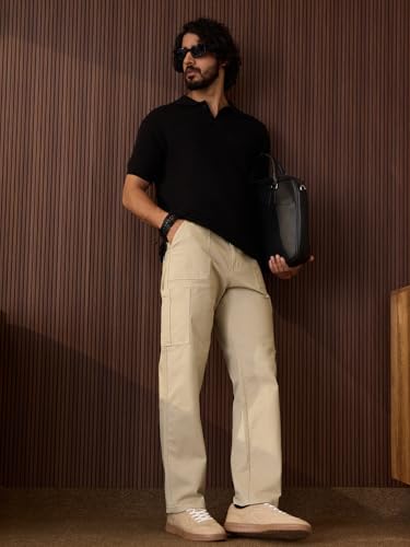 Image of The Souled Store Solids: Men and Boys Cotton Blend Straight Fit Cargo Jeans Jeans for Men Regular Fit Mens Free Pants Comfortable Stretchable Trousers Formal Buttoned Waist Casual Vintage