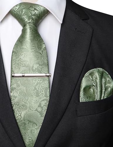 Image of JEMYGINS Mens Solid Color Paisley Necktie and Pocket Square with Tie Clip Sets