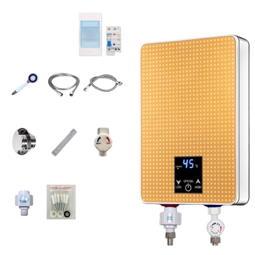 TVTKE給湯器 電気温水器 瞬間給湯器 タンクレス給湯器 取り付けやすい 温度調整可能 壁掛け インスタント温水器 住宅向け キッチン 手洗洗面用 洗面台適用 (ゴールデン)