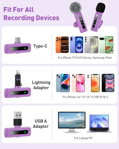 Image of USB C Lavalier Microphone Wireless Mini Mic for Type-C Android Phone /Tablet /PC Video Recording Clip-on Mics with Rotatable Clip&Denoise Recording, Ideal for Vlog Tiktok Youtube Content Creator, Purple