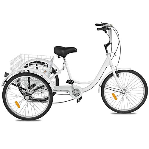 Adult Tricycle Bike Recumbent Bikes, 24 inch 1/7 Speed 3-Wheel Bicycle W/Installation Tools & Large Bike Basket for Recreation, Shopping, Exercise Men\'s Women\'s Bike (White)