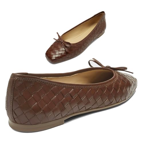 Women Woven Flats Square Toe Bow Ballet Flats Slip on Casual Flat Heel Dress Shoes Woven Closed Toe Flat Shoes with Bow Walking Comfort Vacation Drive Flats Matte 4-11 M US4