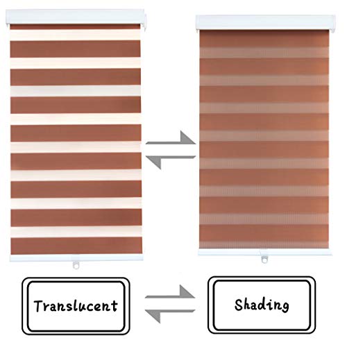 HTTMT- Zebra Roller Blinds [(W) 24“ x (H) 72”] Brown, Cordless, Dual Layer Shades, Sheer or Privacy Light Control, Day and Night Window Drapes, Easy to Install, Striped Dove [P/N: ET-ZB-BR-24]