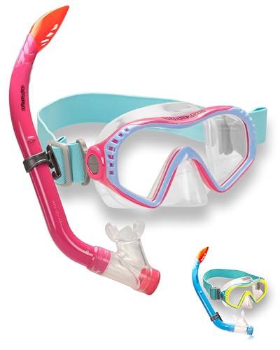 AQUAZON Starfish Schnorchelset, Tauchset, Schnorchelbrille mit Tempered Glas, Silikon, Schnorchel mit Semi Dry top für Kinder, Jugendliche Von 7-14 Jahren, Farbe:pink