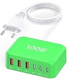 USB Ladegerät, 100W 6-Port Adapter Mehrfach Ladegerät mit USB-C und USB-A, Schnellladegerät PD 3.0 USB C Charger Power Netzteil für iPhone 15 14 13 12 11 SE XS XR 8, iPad, Samsung, Handys (Grün)