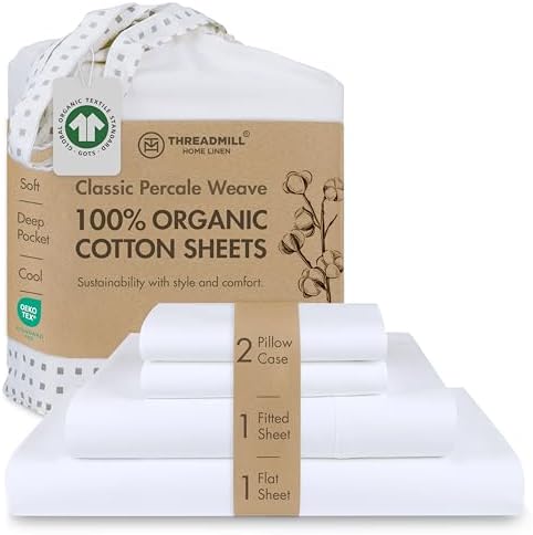 Threadmill 100% Organic Cotton Sheets for Queen Size Bed | GOTS Certified - Percale Sheets Queen - Soft Cooling Sheet - Deep Pockets | 4 Piece Set - Thumbnail 2