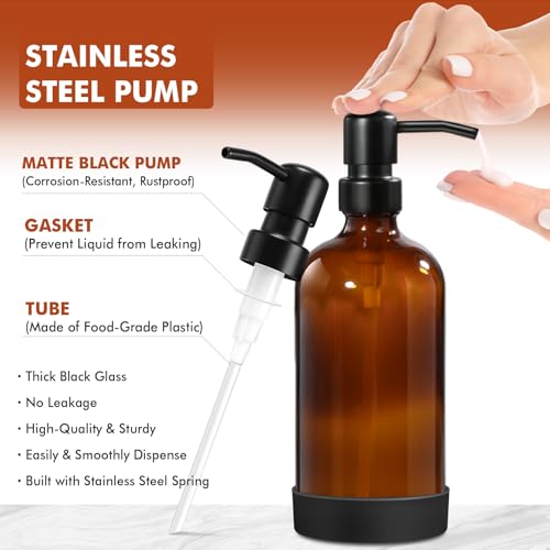 Kitchen Soap Dispenser Set with Tray, Amber Glass Soap Dispenser with Stainless Steel Pump, Hand and Dish Soap Dispenser Set, 12 Pack Labels & Instant Dry Tray, Bathroom Soap and Lotion Dispenser