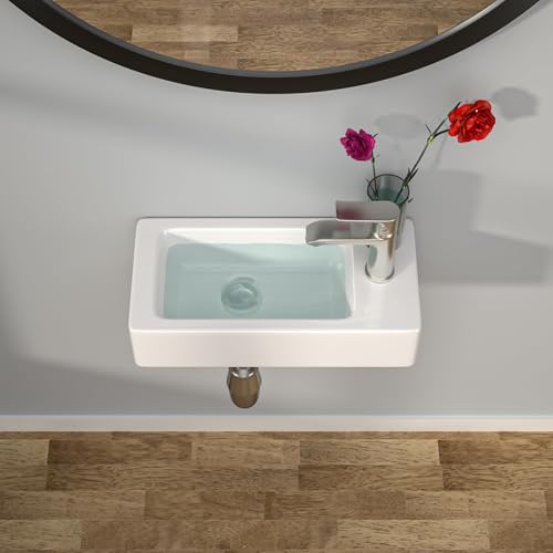 Kichae Small Bathroom Sink Wall Mounted - Wall Mounted Bathroom Sink Rectangle 15" x 7" with Faucet Hole Right Hand Tiny White Ceramic Wash Basin - Thumbnail 2