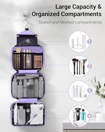 Image of Maliton Toiletry Bag for Men & Women Travel Toiletry Bag Hanging Toiletry Bag Hygiene Organizer with 4 Compartments Waterproof Bathroom Shower Bag Large Toiletries Travel Bag (Purple)