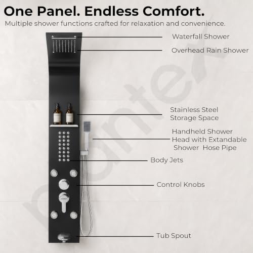 Image of Plantex Shower Panel /6 in 1 Shower System /304 Grade Stainless Steel Rainfall Showerhead with Handshower for Bathroom /Tub Spout /Body Massage Spray With Hot &cold Mixer-(1016, Black)