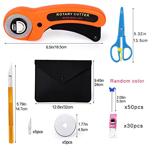 96 PCS Rotary Cutter Kit, 45mm Rotary Cutter Tool Kit with 5 Extra Blades, Cutting Mat, Patchwork Ruler, Carving Knife, Storage Bag, Sewing Clips, Full Tools for Sewing and Quilting