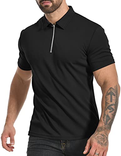 MLANM Men's Short Sleeve Polo Shirts 1/4 Zip Quick Dry Golf Polo Shirt Summer Outdoor Lightweight Short Sleeved Shirts, Black S