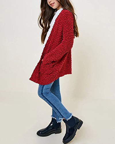 Imily Bela Girls Cardigan Open Front Popcorn Knit Long Sleeve Sweaters Coat With Pockets Red #TOP1