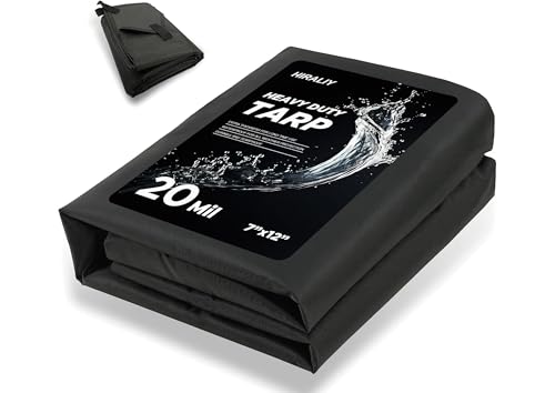 HIRALIY 20 Mil Heavy Duty Waterproof Tarp, 7x12ft Black Tarpaulin with Reinforced Webbing Loops, Multipurpose Oxford Fabric Tarp for Firewood, Roof, Camping, Pool