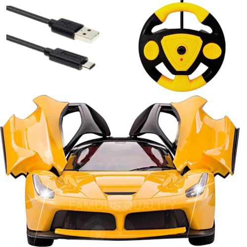 FAMOUS QUALITY Big Size Remote Controlled Sports Racer Car Toy for Kids with Openable Doors and LED Lights and Sound High Speed RC Car (Yellow)