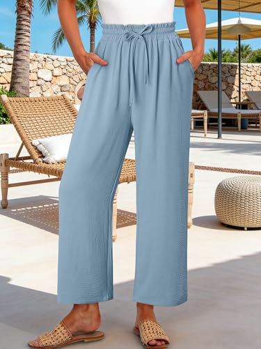 CRAZY GRID Womens High Waisted Palazzo Pants Beach Flowy Summer Drawstring Wide Leg Trousers Loose Casual Vacation Pants with Pockets XL Light Blue — view 2