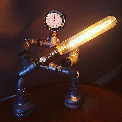 KWOKING Lighting Industrial Robot Pipe Table Lights Water Pipe Night Light Lamps 1 Light Retro Fighting Robot Lamp with Clock Accent