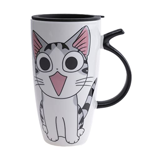 lachineuse - Mug Chat Kawaii Happy 600ml - Grand Mug XXL Blanc en Porcelaine - Mug Japonais à Thé...