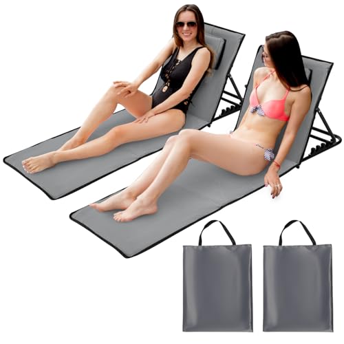 Sonnewelt 2 Stück Strandmatte mit Rückenlehne Strandliege Klappbar Leichte,Faltbares Strandstuhl mit Lehne und Tragebeutel - Wasserdicht und tragbar,Liegematte (Grau,158x55cm)