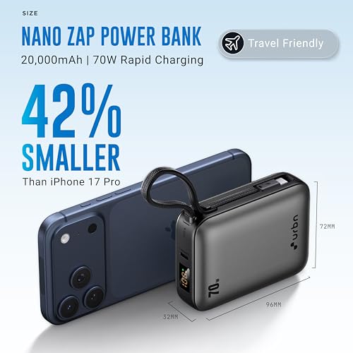 Image of URBN 20000mAh 70W Smallest Rapid Charging Nano Zap Power Bank with Inbuilt USB-C Cable | PD, QC & PPS Compatible | Dual Output Compact Power Bank for Laptop, Smartphone & Tablet