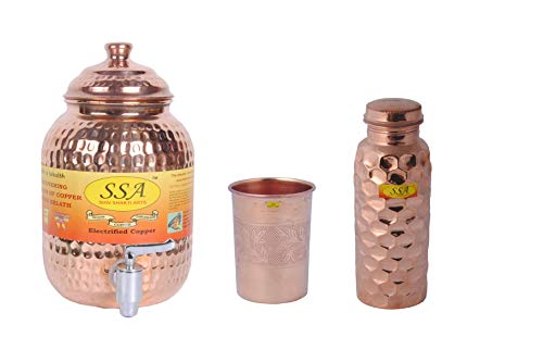 SHIV SHAKTI ARTS® 1 Pure Copper Hammered Design Water Dispenser Container Pot Capacity 2Litre with Lid & 1 Glass Embossed & 1 Copper Diamond Cut Design Bottle::Water Drinkware Set of 3