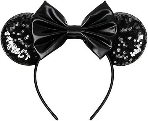 LICZINOIZO Mouse Ears Headband - Black Satin Bow Hair Accessory with Sparkle Sequins for Theme Parties Festivals & Daily Wear