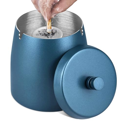 Aschenbecher mit Deckel (10 * 9 * 10cm) - Aschenbecher für Draussen Groß Aschenbecher Windaschenbecher Edelstahl Sturmaschenbecher mit Boden Standaschenbecher für Draußen und Innen - Blau
