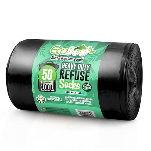EcoBag - Extra Strong Heavy Duty Refuse Sacks - Recyclable Bin Bags, Leak Resistant, Eco-Friendly, Durable Waste Disposal Bags for Household & Commercial Use
