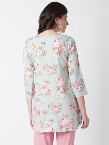 Image of Tissu Women's Sage Green & Pink Floral Printed Kurti
