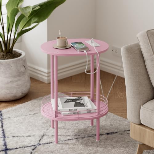 Image of Small Oval Side Table with Charging Station, 2-Tier Pink Round End Table | Narrow Nightstand with USB Ports and Outlets, Bedside Table for Small Space - Living Room, Bedroom, Nursery,(1PC,Pink)