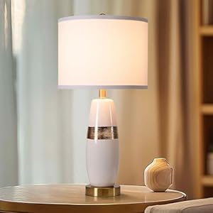 YANIC Night Lamp, Lamp for Bedroom, Home Accent Decor Fashion Style, AC Charge Ports,Three-Way Dimmable Rotary Switch Golden Metal Base White Lampshade for Reading Working Office Living Room (24325)