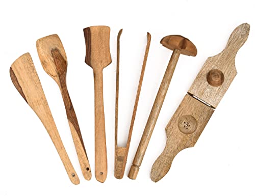 Image of Sanjeev Kapoor by OGGN Mix Wood Serving & Cooking Spoon Set of 6, Handmade Wooden Spatula Set for Cooking, Non Stick Kitchen Tools, Turner, Ladle, Pasta & Frying Spoon, Natural Cookware