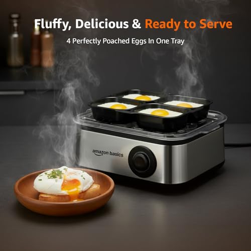 Image of Amazon Basics 3-in-1 Electric Egg Boiler and Poacher | Boils 8 Eggs, Poaches 4 Eggs, Steam Vegetables | Auto Cut Off | 3 Boiling Modes | 500W | Stainless Steel Body - Silver