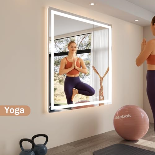 Image of Koonmi Home Gym Mirror, 47 inchx47 inch Heavy Duty Large Seamless Tempered Glass Wall Mirrors with LED Lights for Gym, Workout, Yoga, Fitness, Dance Studio, Home, Exercise Room, Bathroom