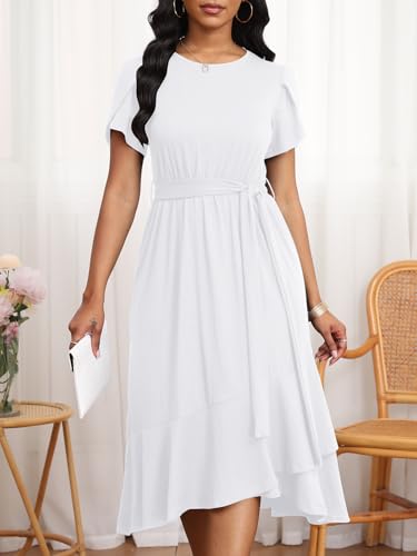 Image of PerZeal Women's Summer Dress Casual Ruffle Sleeve Crewneck A-Line Tiered Flowy Short Sleeve Long Dress with Belt